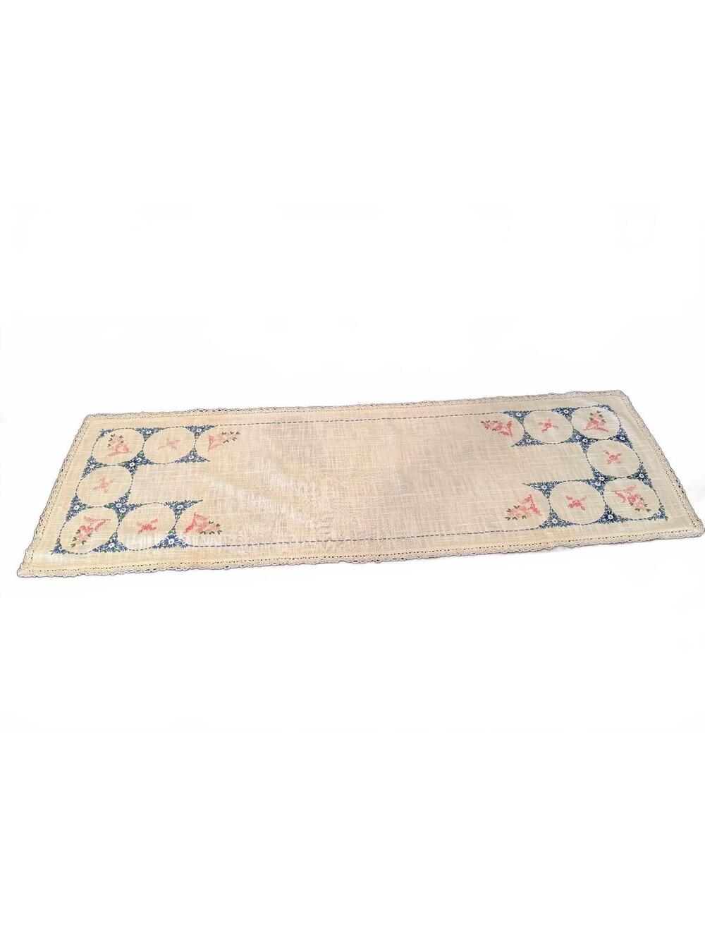 Vintage Hand Embroidered Linen Table Runner Dresser Scarf with Floral Design